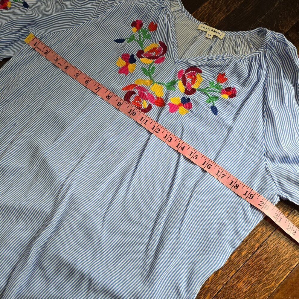 Artisan NY Blue Striped Flowy Colorful Floral Embroidery Boho Top - Picture 9 of 12